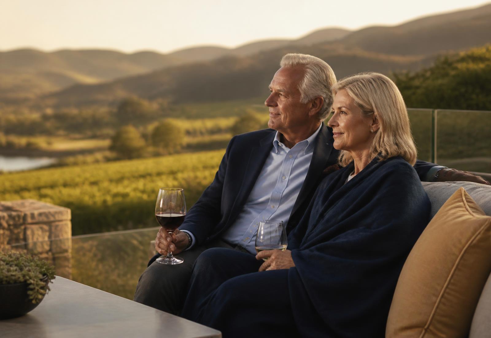 Retired couple relaxing on a terrace overlooking Napa Valley vineyards at sunset